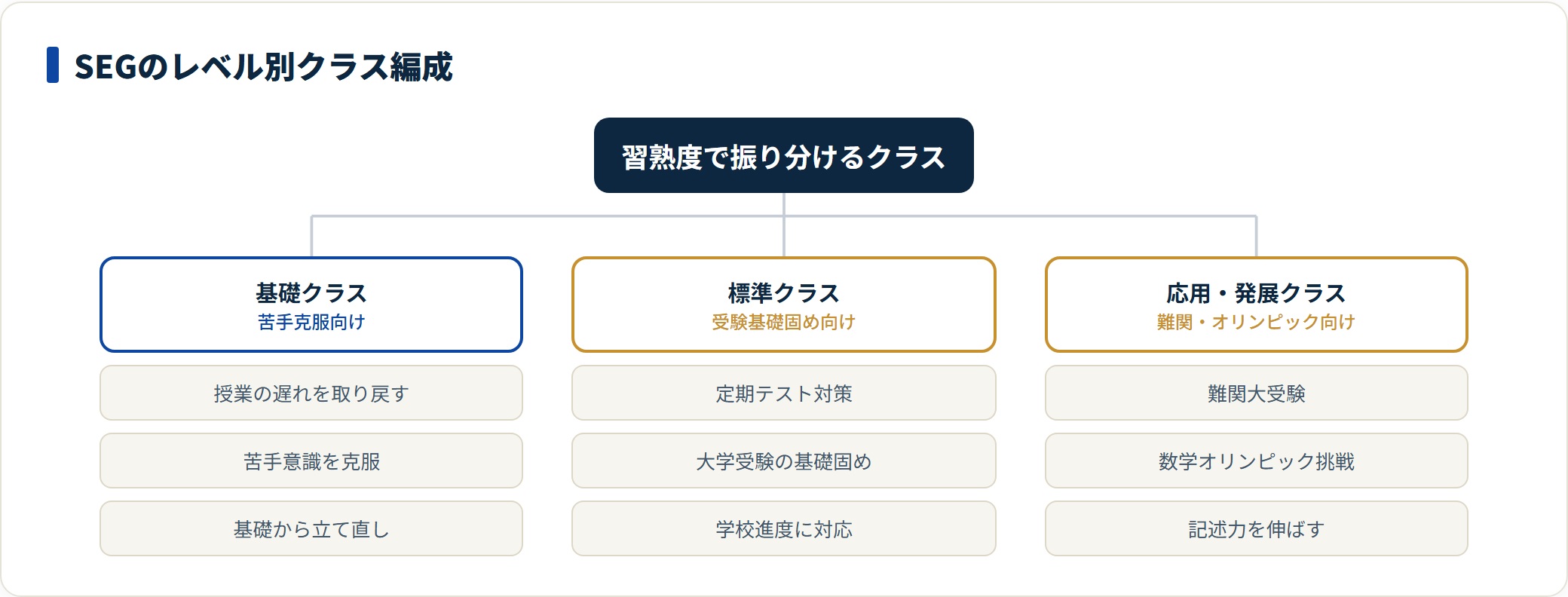 SEGのレベル別クラスを基礎・標準・応用の3クラスと対象で示した図。