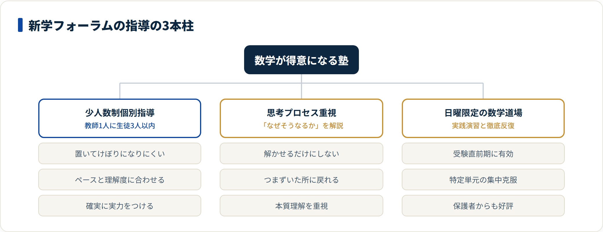 新学フォーラムの指導の3本柱と効果を示す分類図。